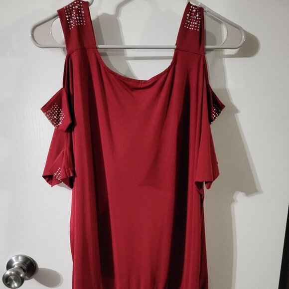 BURGUNDY RHINESTONE COLD SHOULDER MINI-DRESS SZ L - Picture 3 of 7